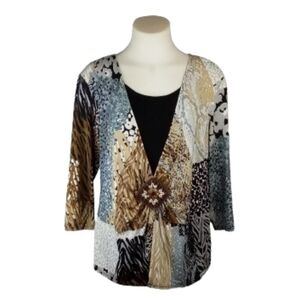 Notations Tan Black Multi Color Print 3/4 Slv Top Sz XL